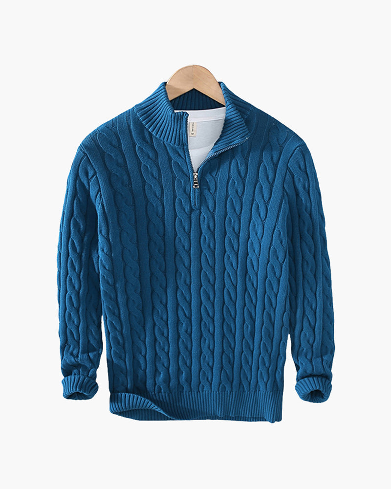 Men's Cable-Pattern Jumper With Ribbed Half-Zip Neck - Light Blue