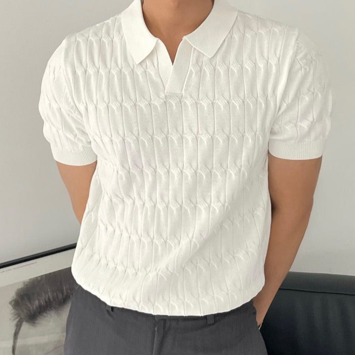 Men's Cable-Textured Knit Polo With Open Collar - White