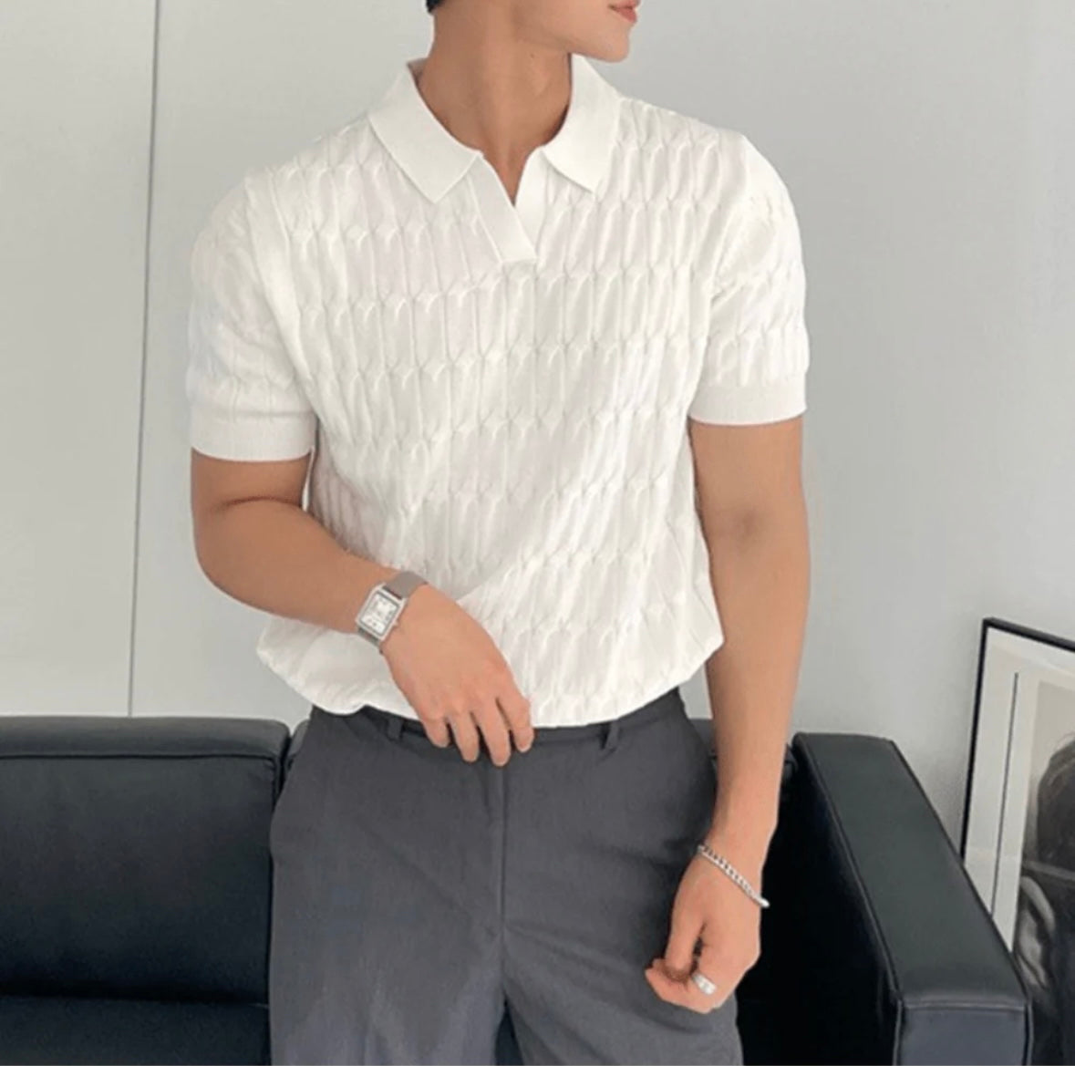 Men's Cable-Textured Knit Polo With Open Collar - Colour options