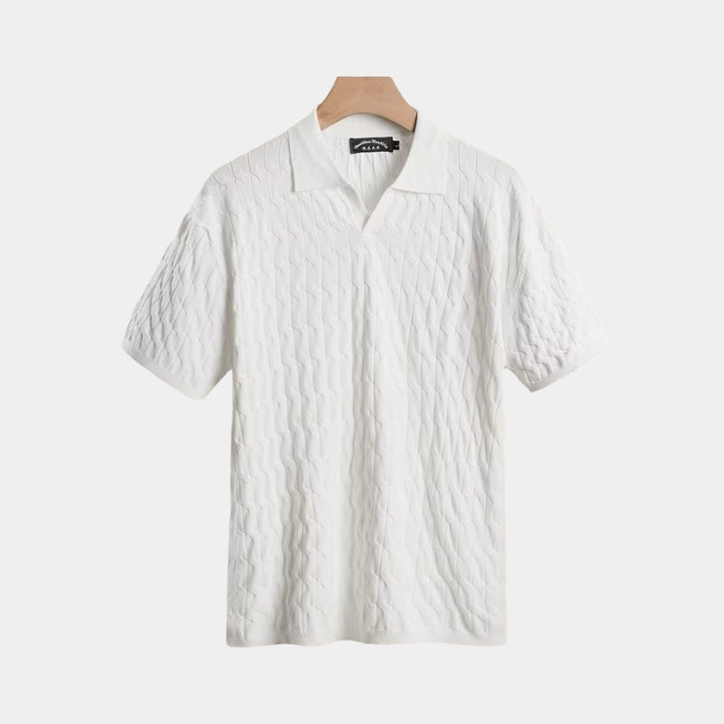 Men's Cable-Textured Knit Polo With Open Collar - Colour options
