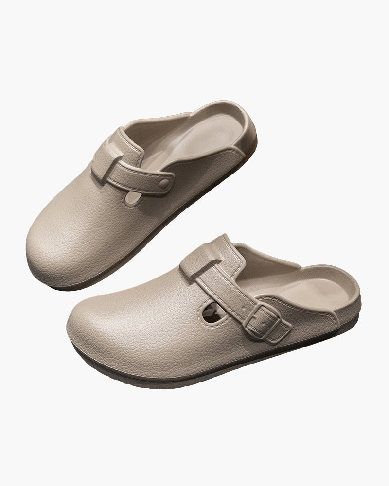 Men's Closed-Toe Buckle Clogs With Open-Back Design - Beige
