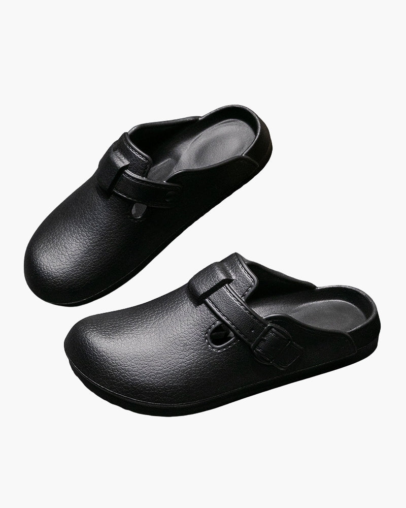 Men's Closed-Toe Buckle Clogs With Open-Back Design - Black