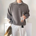 Men's Collared Knit Jumper With Three-Button Placket - Coffee