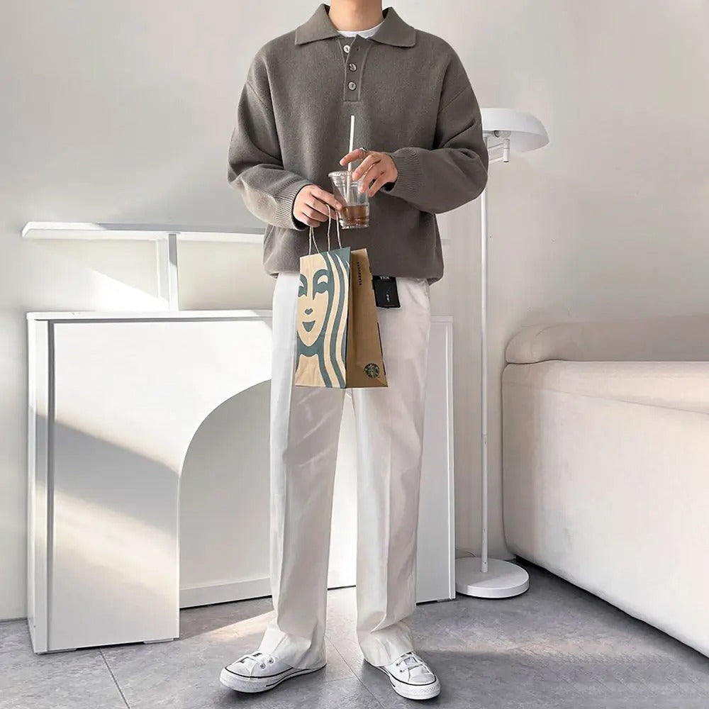 Men's Collared Knit Jumper With Three-Button Placket - Colour options