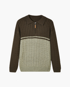 Men's Colour-Block Cable Jumper With Short Zip Neck - Brown