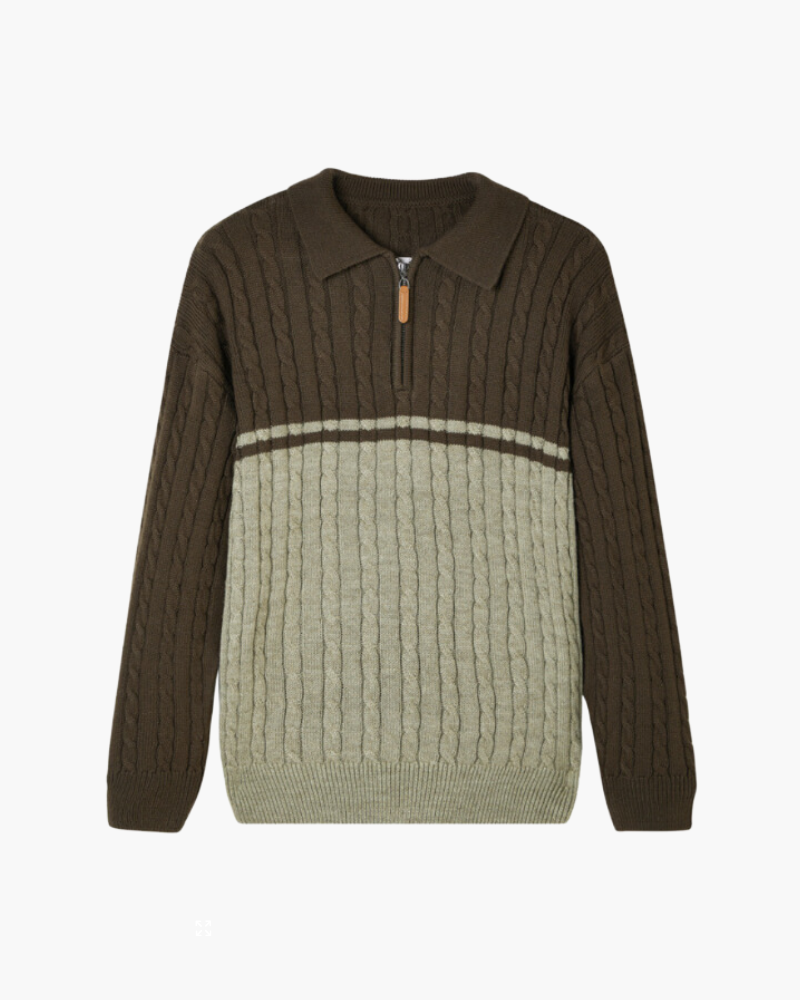 Men's Colour-Block Cable Jumper With Short Zip Neck - Brown