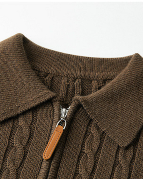Men's Colour-Block Cable Jumper With Short Zip Neck - Brown
