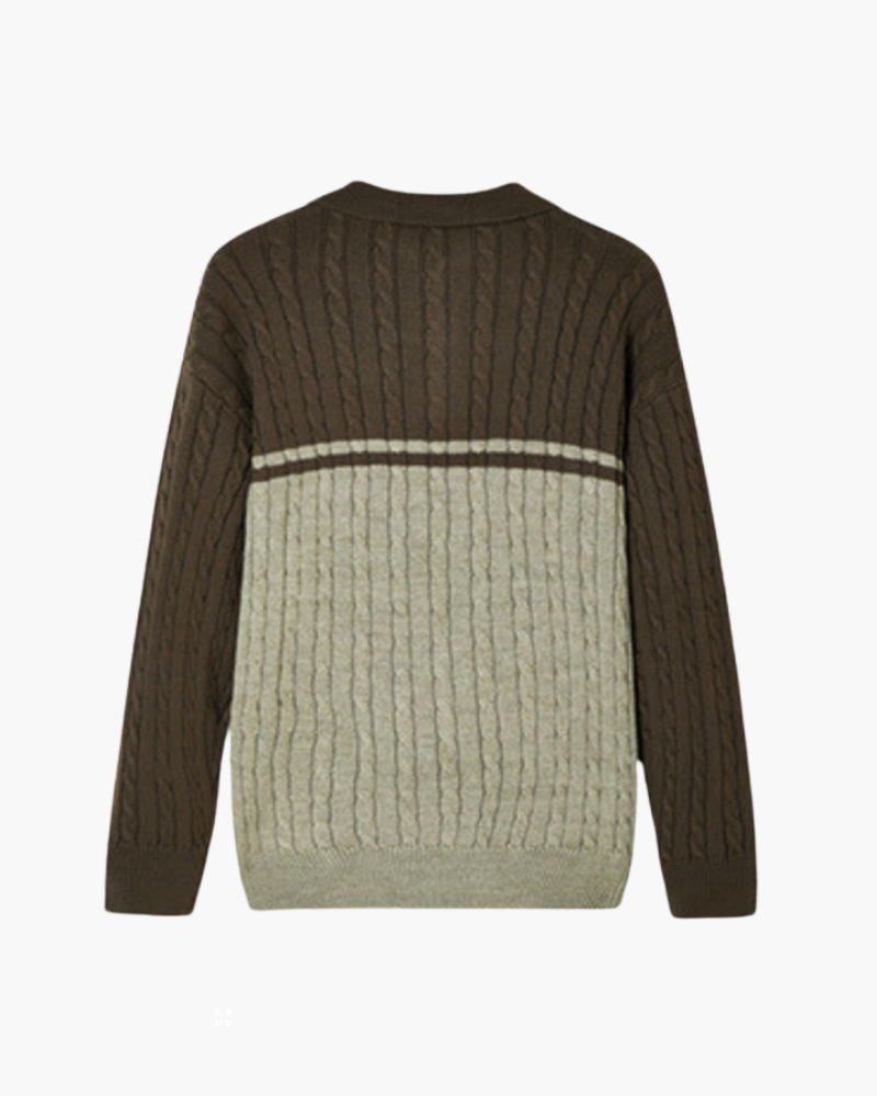Men's Colour-Block Cable Jumper With Short Zip Neck - Brown