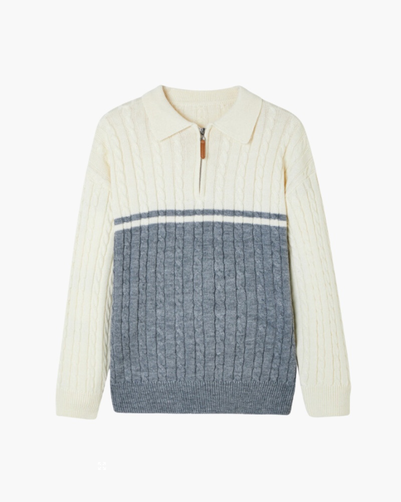 Men's Colour-Block Cable Jumper With Short Zip Neck - Blue Grey