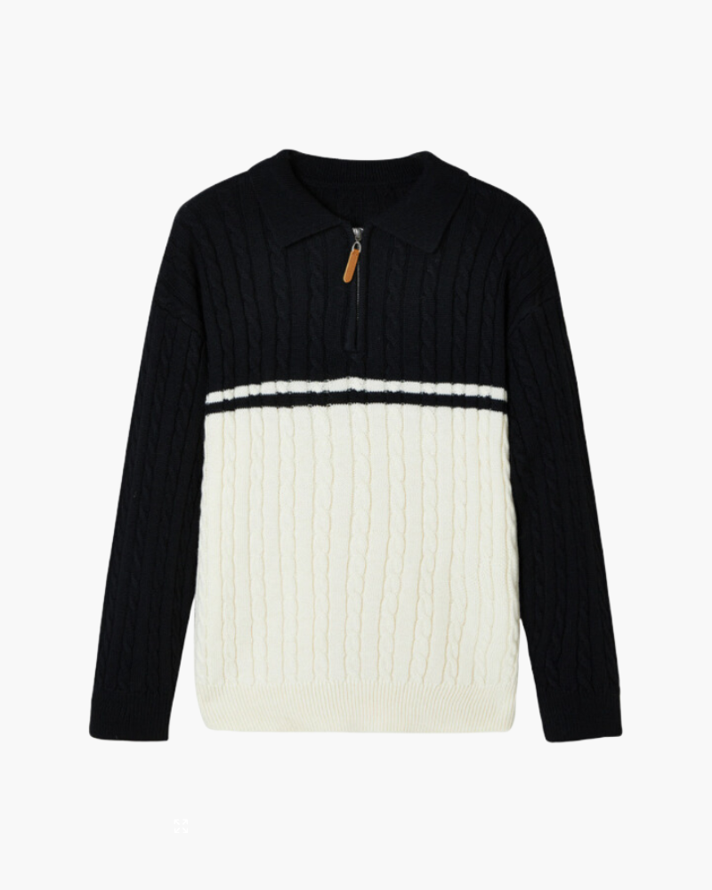 Men's Colour-Block Cable Jumper With Short Zip Neck - Black
