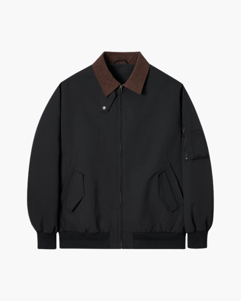 Men's Contrast-Collar Zip Jacket With Angled Pockets - Black
