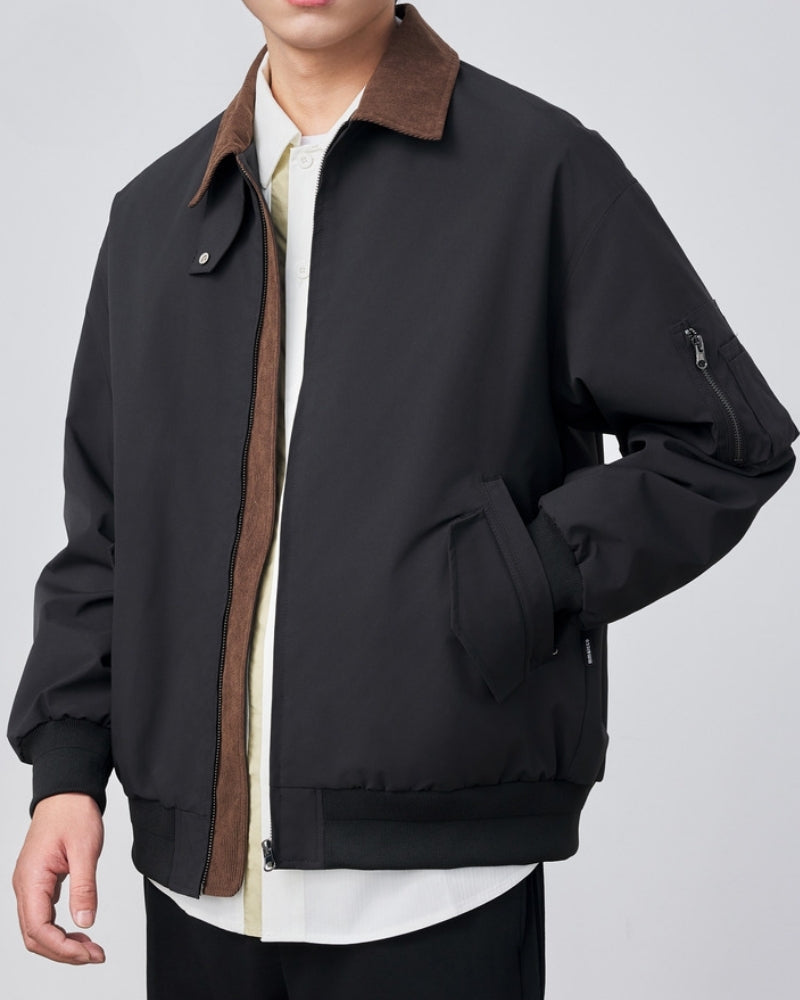 Men's Contrast-Collar Zip Jacket With Angled Pockets - Black