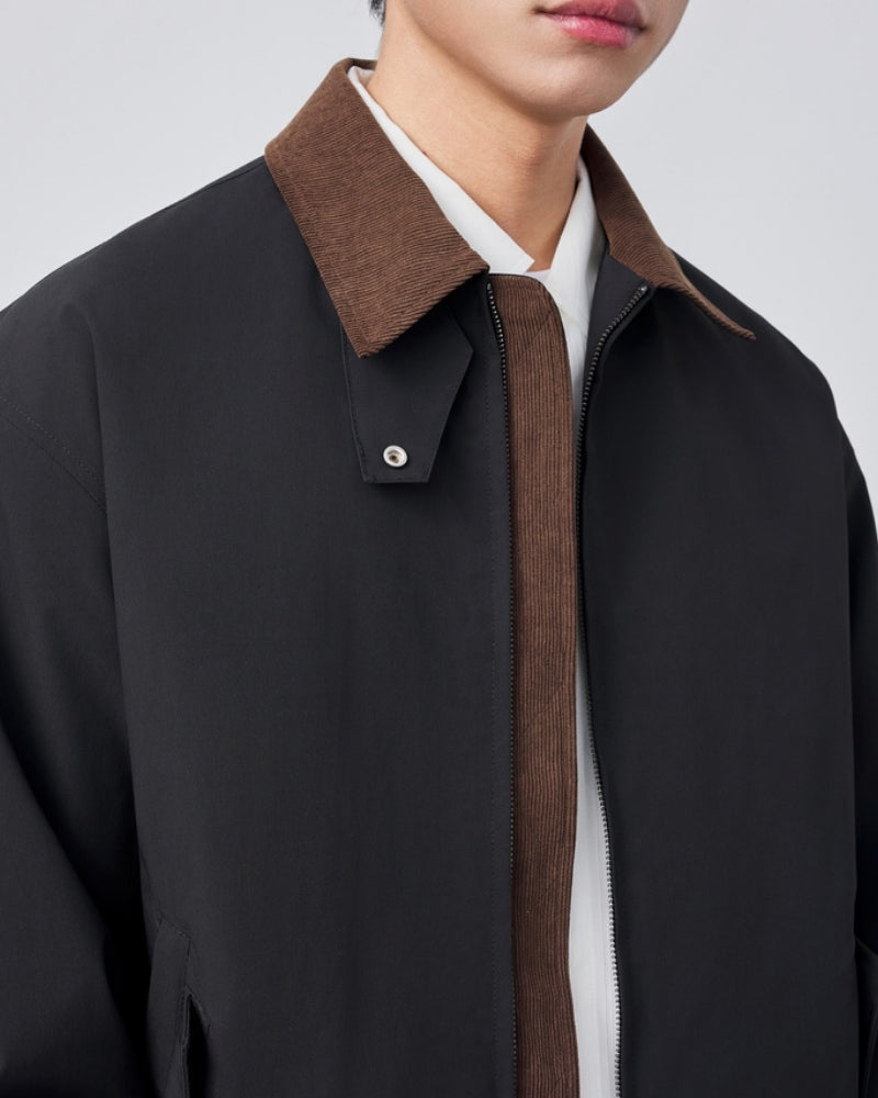 Men's Contrast-Collar Zip Jacket With Angled Pockets - Black