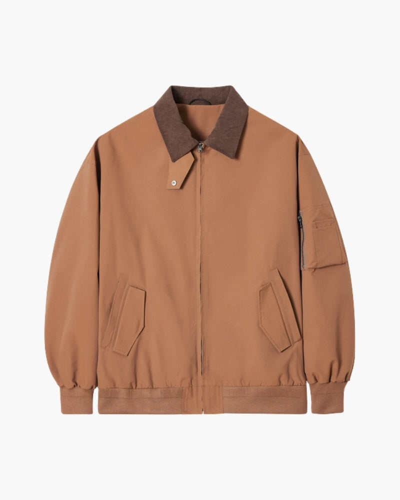 Men's Contrast-Collar Zip Jacket With Angled Pockets - Brown
