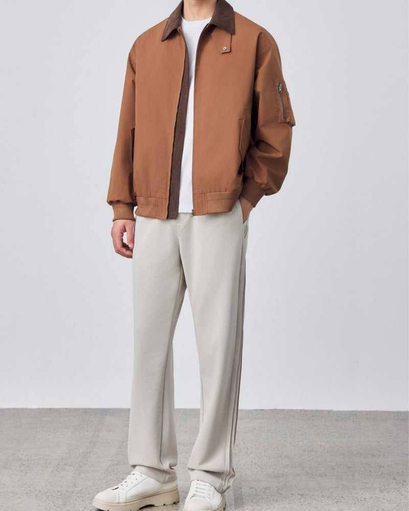 Men's Contrast-Collar Zip Jacket With Angled Pockets - Brown