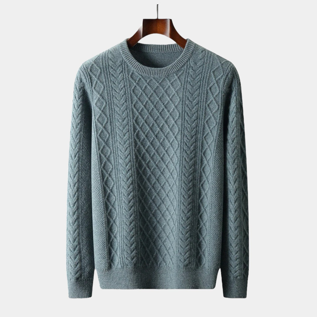 Men's Diamond Cable Jumper With Ribbed Crew Neck - Dark Grey