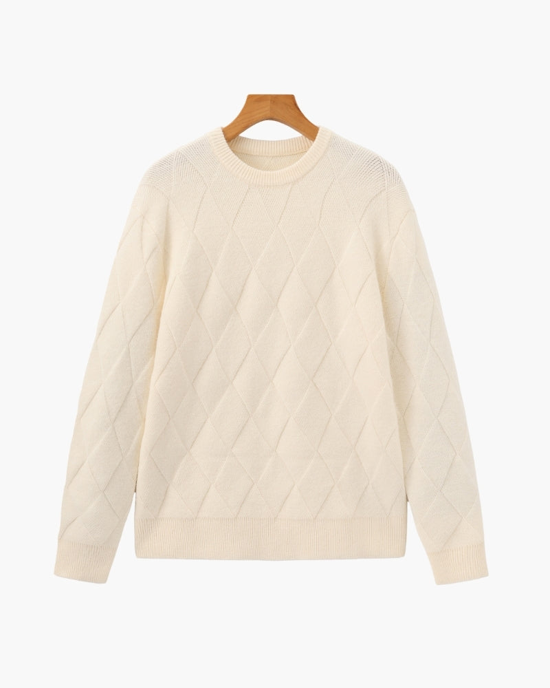 Men's Diamond-Pattern Crew-Neck Jumper With Ribbed Hem - Beige