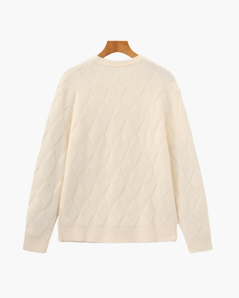 Men's Diamond-Pattern Crew-Neck Jumper With Ribbed Hem - Beige