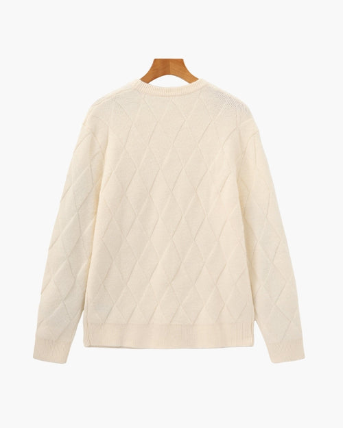 Men's Diamond-Pattern Crew-Neck Jumper With Ribbed Hem - Beige