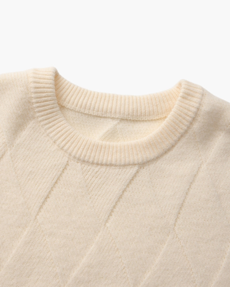 Men's Diamond-Pattern Crew-Neck Jumper With Ribbed Hem - Beige