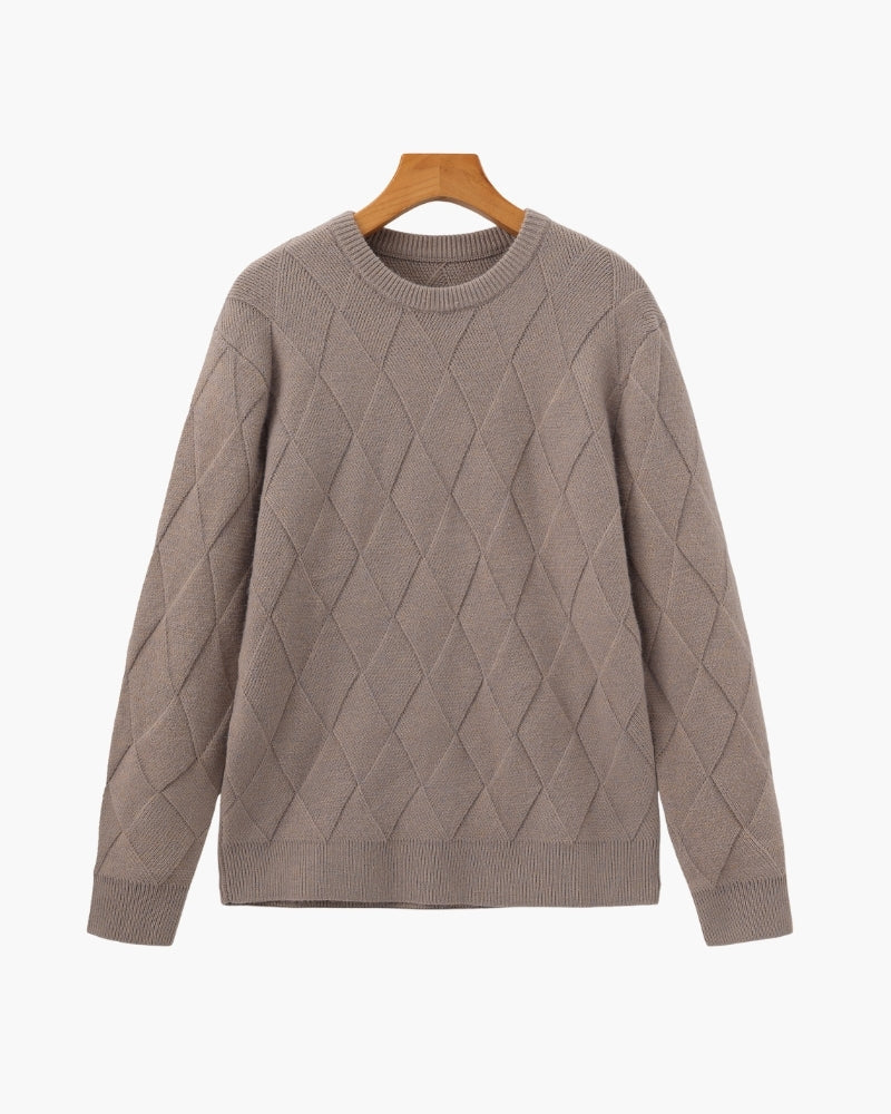 Men's Diamond-Pattern Crew-Neck Jumper With Ribbed Hem - Mocha