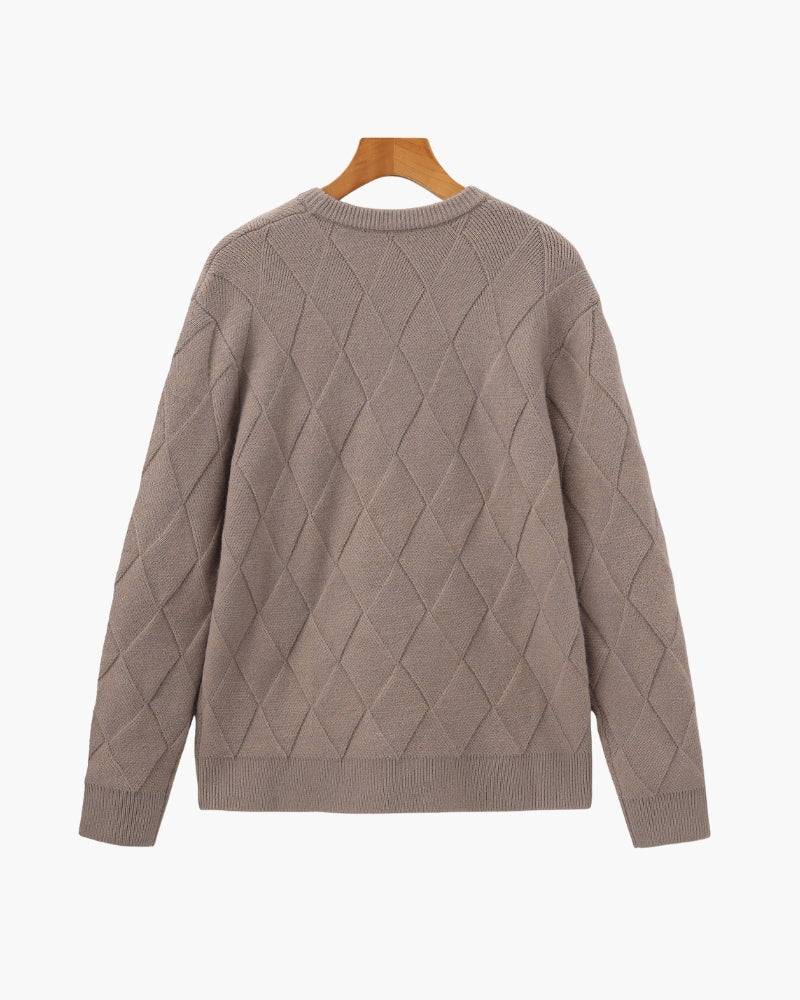 Men's Diamond-Pattern Crew-Neck Jumper With Ribbed Hem - Mocha