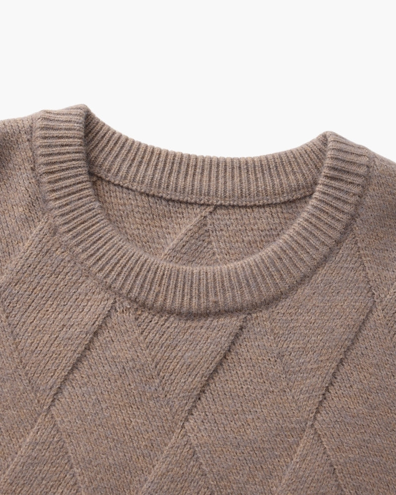 Men's Diamond-Pattern Crew-Neck Jumper With Ribbed Hem - Mocha