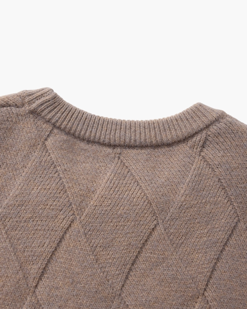 Men's Diamond-Pattern Crew-Neck Jumper With Ribbed Hem - Mocha