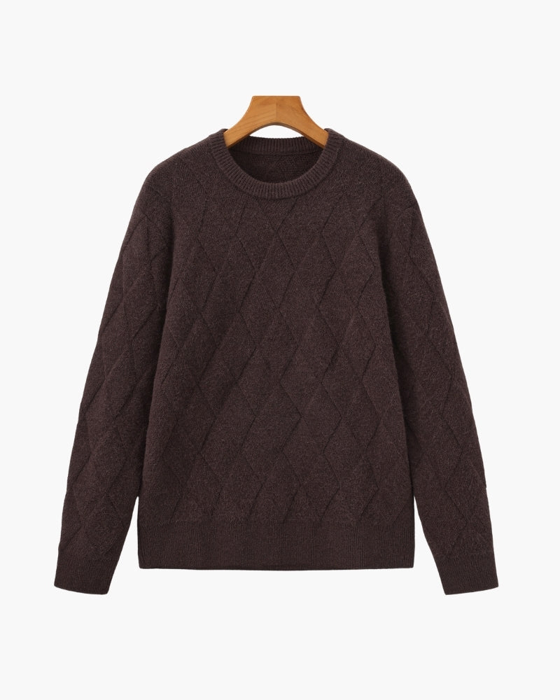 Men's Diamond-Pattern Crew-Neck Jumper With Ribbed Hem - Dark Brown