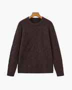 Men's Diamond-Pattern Crew-Neck Jumper With Ribbed Hem - Dark Brown