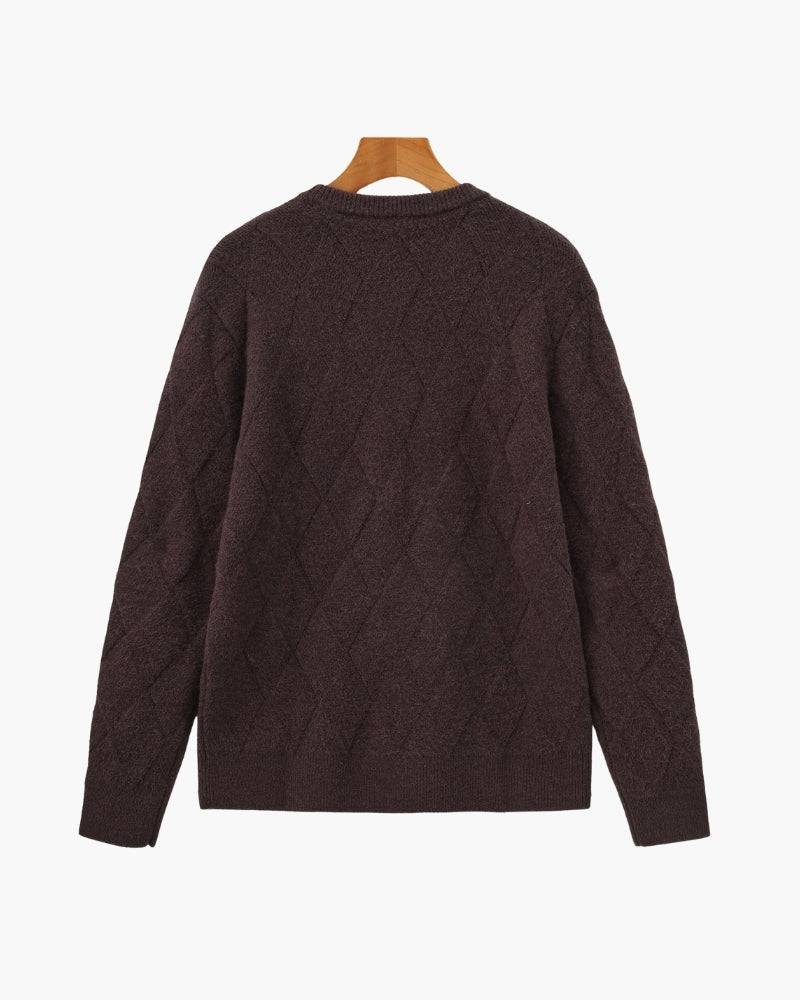 Men's Diamond-Pattern Crew-Neck Jumper With Ribbed Hem - Dark Brown