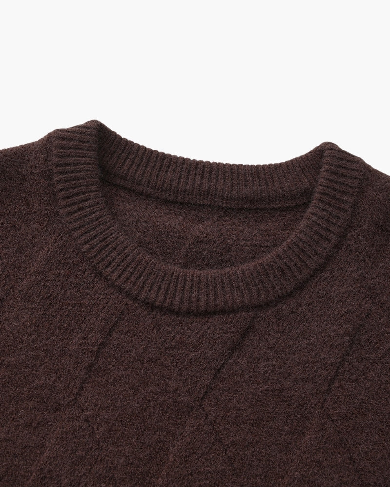 Men's Diamond-Pattern Crew-Neck Jumper With Ribbed Hem - Dark Brown