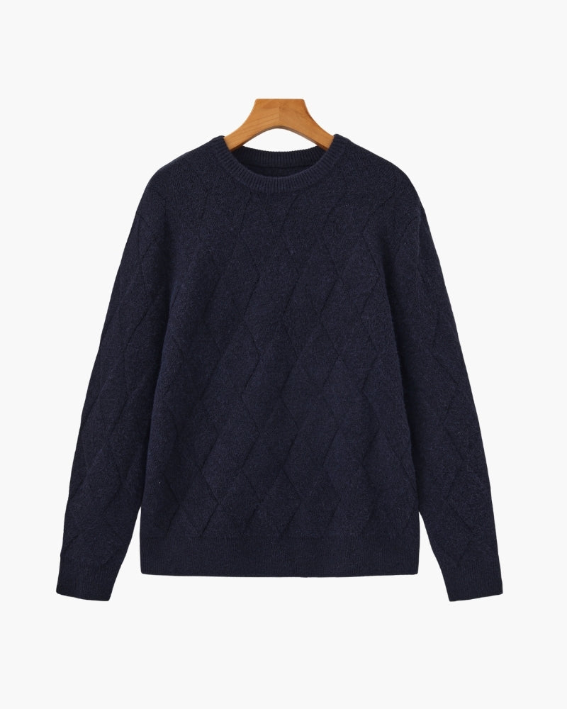 Men's Diamond-Pattern Crew-Neck Jumper With Ribbed Hem - Blue