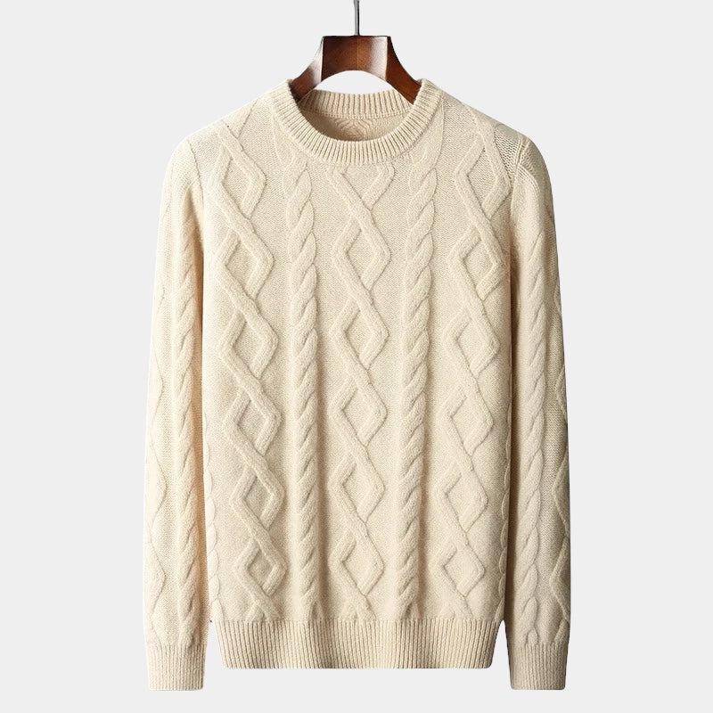 Men's Diamond-Pattern Crew Neck Jumper With Ribbed Neck - Beige