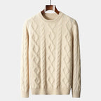 Men's Diamond-Pattern Crew Neck Jumper With Ribbed Neck - Beige