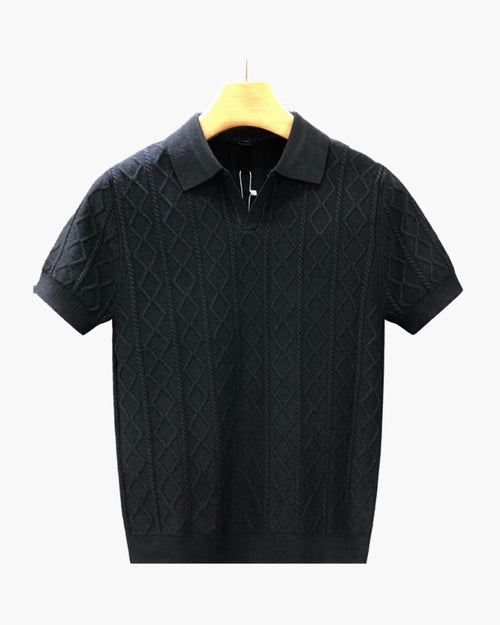 Men's Diamond-Pattern Polo Shirt With Open Collar - Black