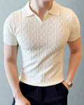 Men's Diamond-Pattern Polo Shirt With Open Collar - White