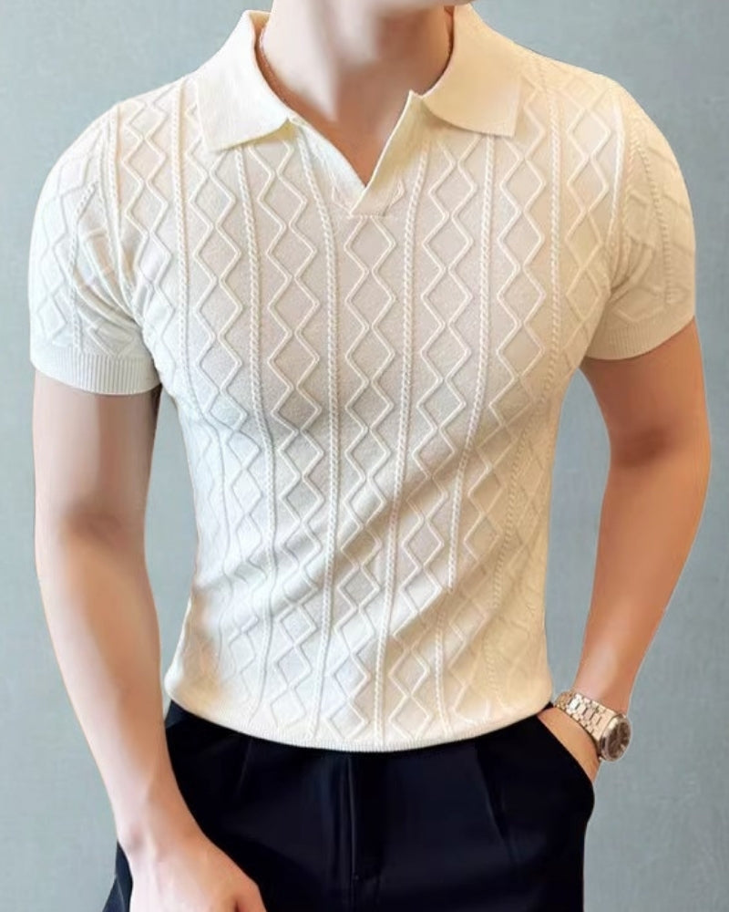 Men's Diamond-Pattern Polo Shirt With Open Collar - White