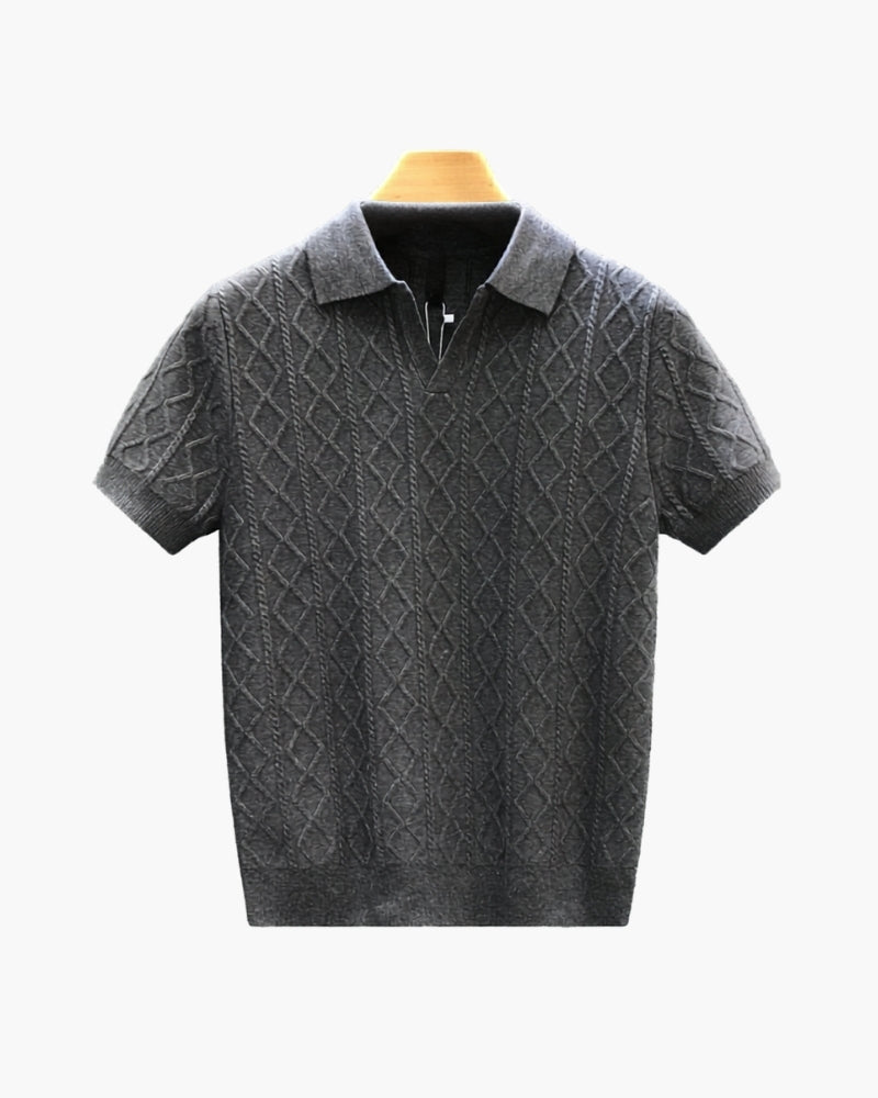 Men's Diamond-Pattern Polo Shirt With Open Collar - Grey
