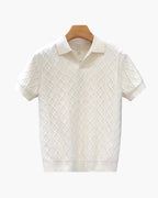 Men's Diamond-Pattern Polo Shirt With Open Collar - White