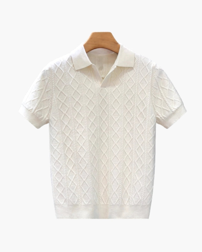 Men's Diamond-Pattern Polo Shirt With Open Collar - White