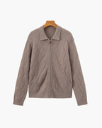Men's Diamond-Pattern Zip Cardigan With Fold Collar - Mocha
