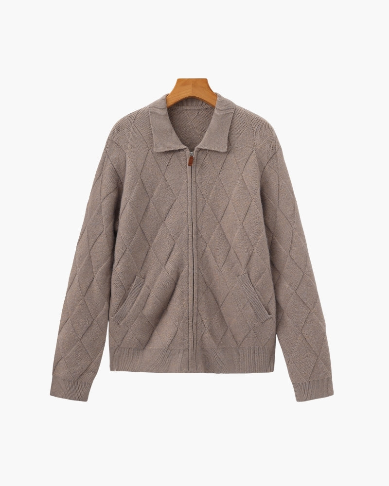 Men's Diamond-Pattern Zip Cardigan With Fold Collar - Mocha