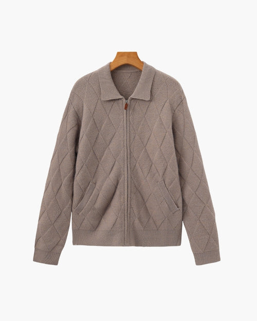 Men's Diamond-Pattern Zip Cardigan With Fold Collar - Mocha