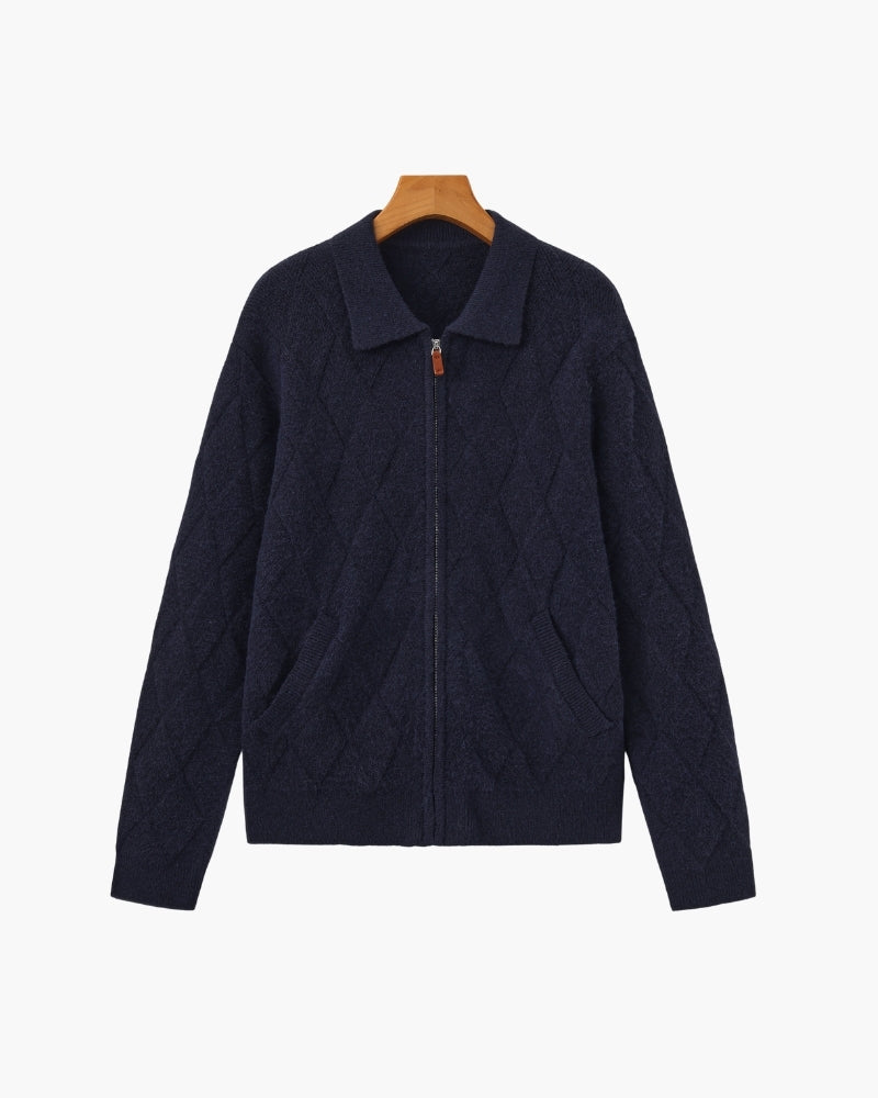 Men's Diamond-Pattern Zip Cardigan With Fold Collar - Navy