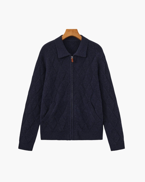 Men's Diamond-Pattern Zip Cardigan With Fold Collar - Navy