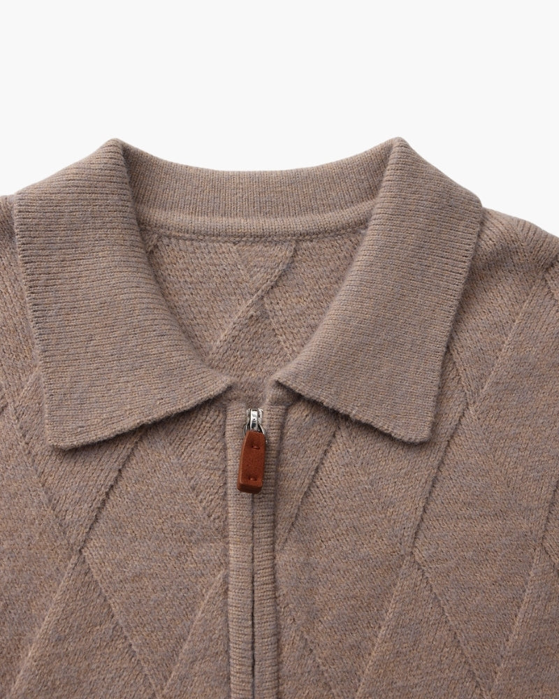 Men's Diamond-Pattern Zip Cardigan With Fold Collar - Mocha
