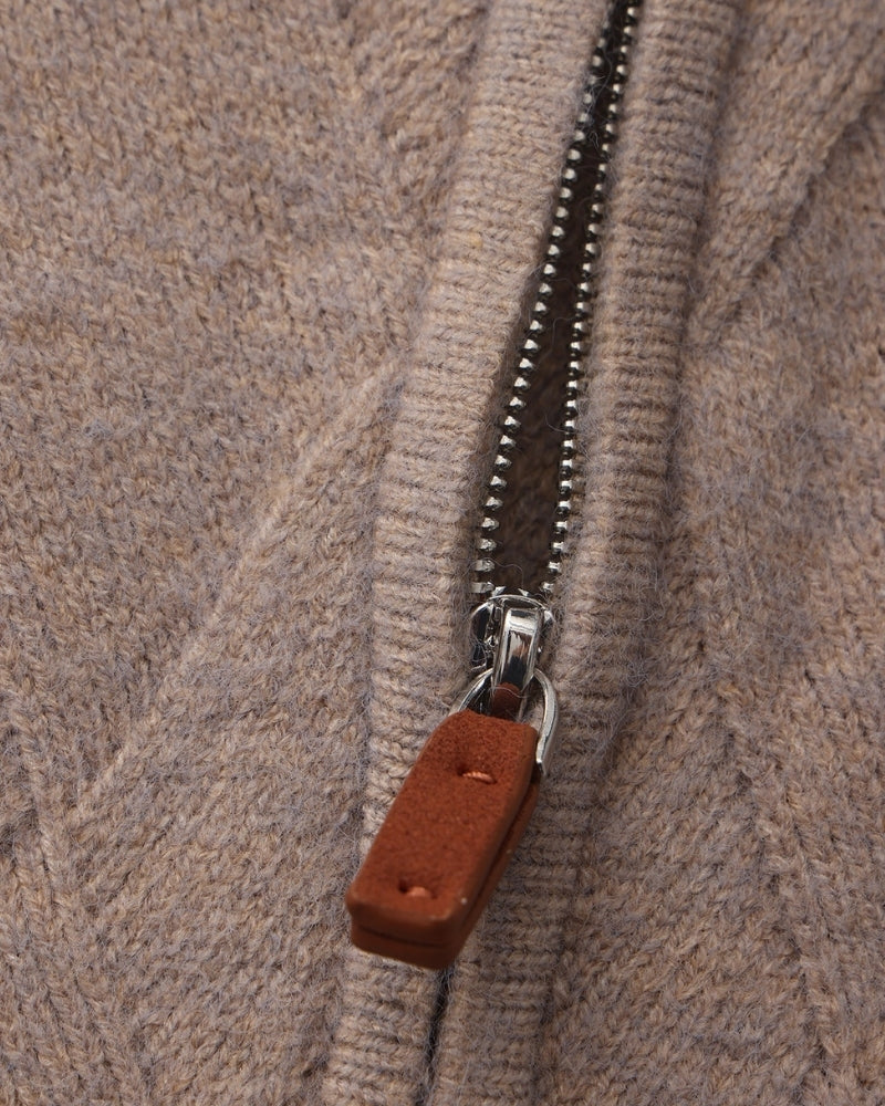 Men's Diamond-Pattern Zip Cardigan With Fold Collar - Mocha