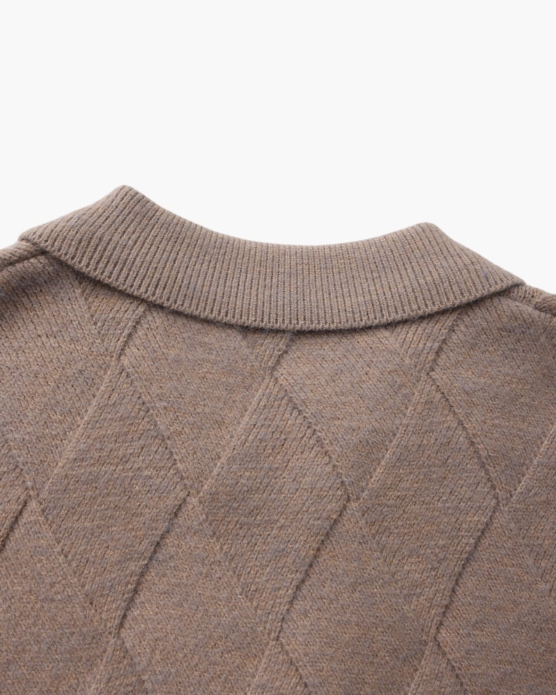 Men's Diamond-Pattern Zip Cardigan With Fold Collar - Mocha