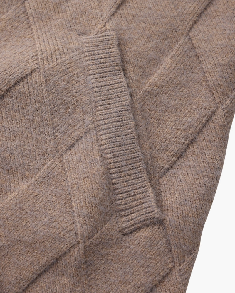Men's Diamond-Pattern Zip Cardigan With Fold Collar - Mocha